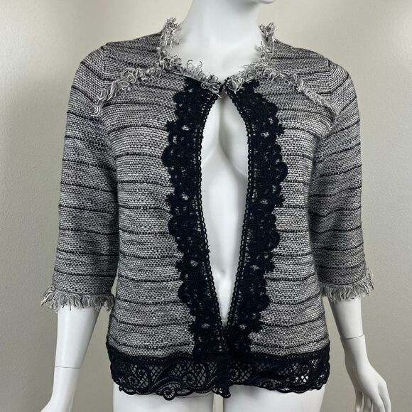 Chico's Womens Size 3 Black Gray Lace Tweed Fringe Cardigan Cotton Sweater - Picture 9 of 12